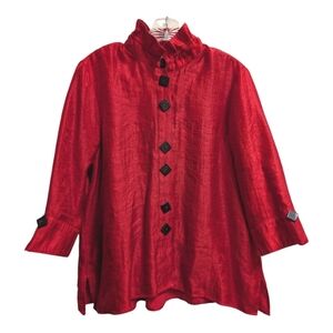 Ali Miles Shimmer Red Blouse 3/4 Sleeve High Collar Artsy